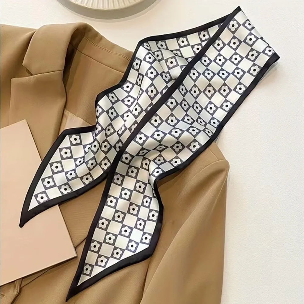 Set of 4 Black White French Style Twilly Scarves | Silk Feel Skinny Scarf | Bag